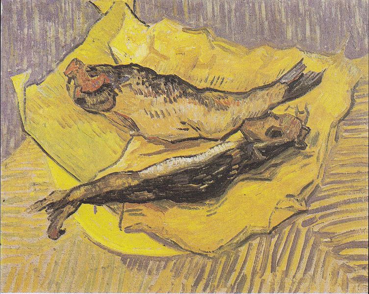 Still Life with smoked herrings on yellow paper